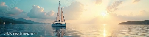 Serene sailboat gently rocking at anchor in a calm bay, sunlight glistening on the water Perfect for travel, leisure, and nautical themes , idyllic, travel