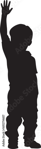 Raising Hand A child with one hand raised high, ready to answer or ask a question in class. full length silhouette black vector illustration