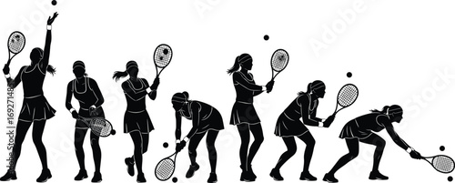 Silhouette of female tennis player performing various actions, playing tennis, hitting ball, sports, athletic, dynamic, movement, fitness, competition, outdoor, active lifestyle.