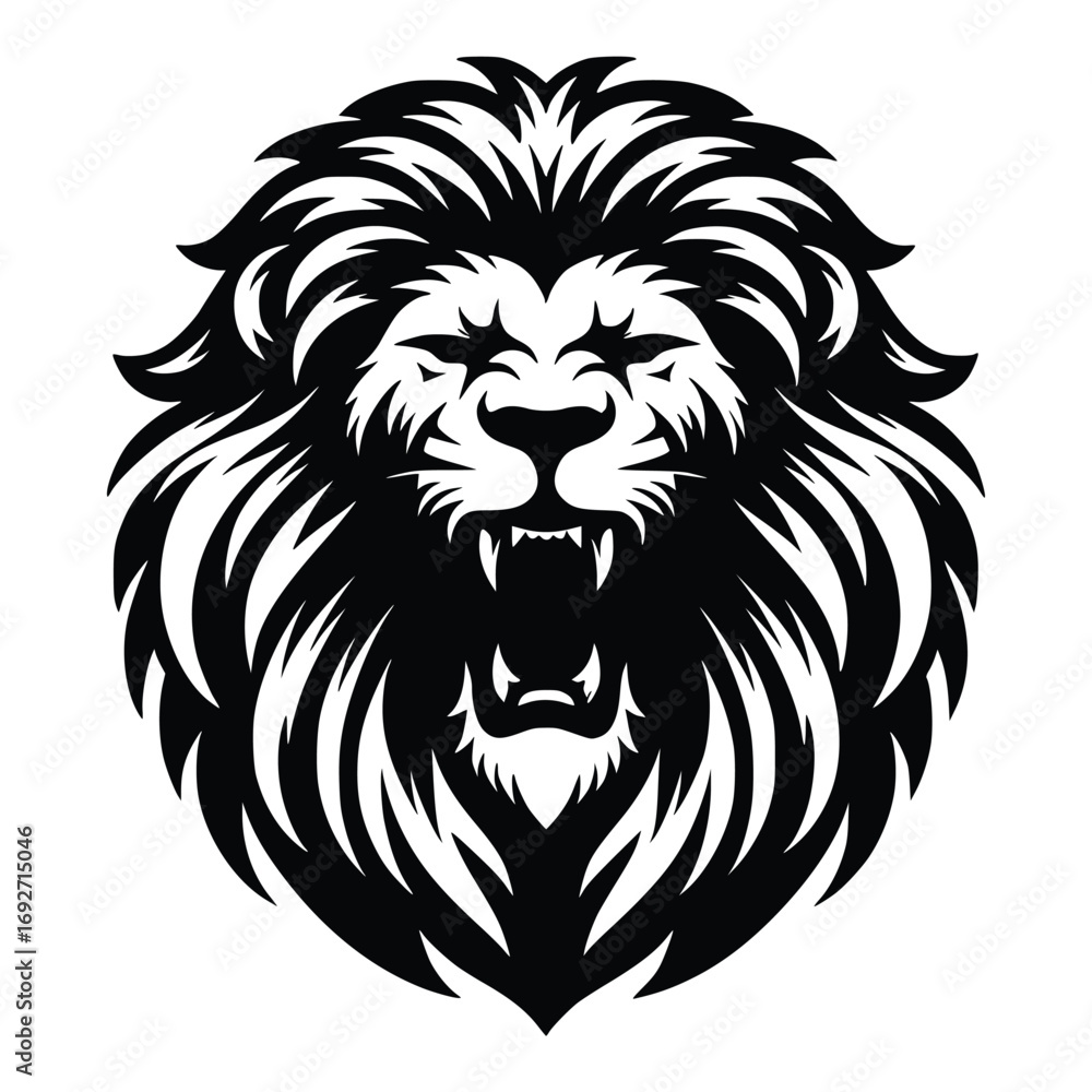 Fototapeta premium Black lion head roaring with sharp teeth and flowing mane