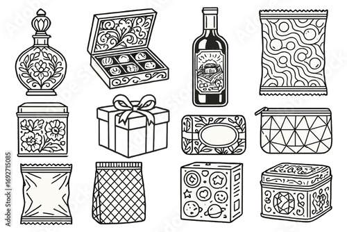 Maximalist Packaging Icons. Line style icons of maximal product packaging: ornate perfume bottle, detailed chocolate box, embossed