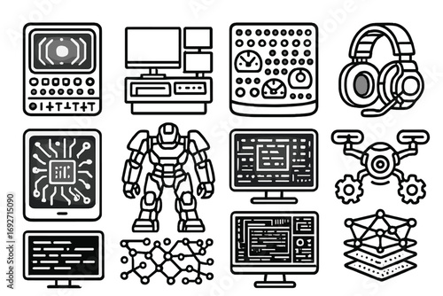 Maximal Tech Icons. Line style icons of maximal tech: glowing control panel, multi-screen setup, button-filled dashboard, armored
