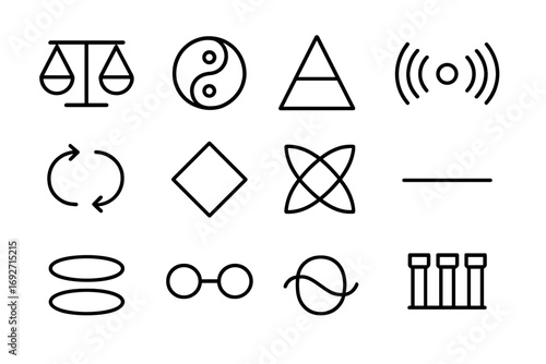 Abstract Balance Icons. Line style icons of abstract balance: scale line loop, yin-yang shift, mirror triangle, center point wave;