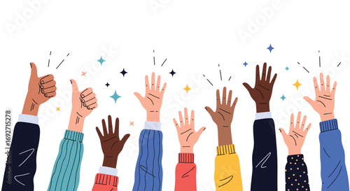 A Diverse Group of People Raising Their Hands Upwards in Celebration and Joyful Excitement