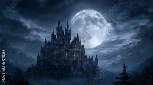 Dark haunted castle silhouette with sharp towers rising against a cloudy moonlit sky, ominous and foreboding horror scenery. haunted castle, horror night, moonlit towers, creepy fo