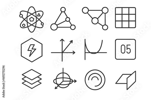Science Line Icons. Line style icons of geometric icons for science: atom with shapes, molecule triangle, cell grid, DNA wave form