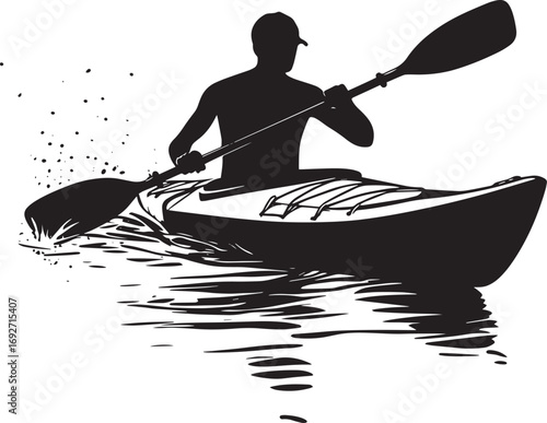 Canoe Sprinting A person paddling at high speed in a kayak or canoe, gliding over the water with power strokes. full length silhouette black vector illustration