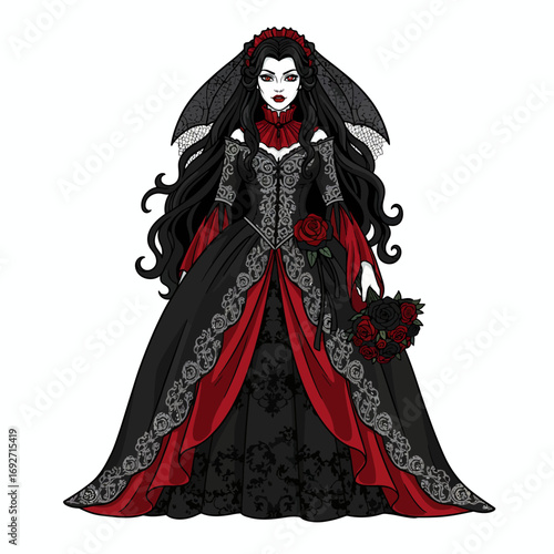 Digital illustration of a gothic woman in a black and red gown with lace details, holding a bouquet of roses.