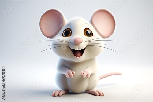 A cheerful cartoon mouse with big ears and a bright smile, set against a soft, neutral background