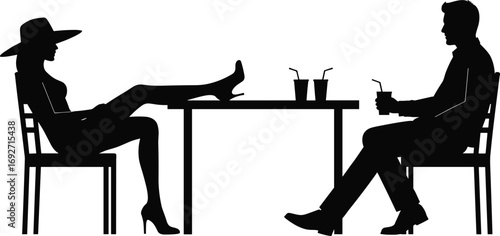 Silhouette of man and woman sitting at table, drinking, relaxing, dating, romantic conversation, casual moment, couple enjoying time together