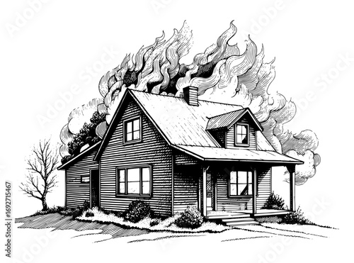 House fire in a woodcut style, black and white