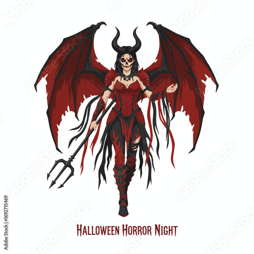 A devilish woman with wings, horns, and a skull-like face, holding a trident, stands against a white background.