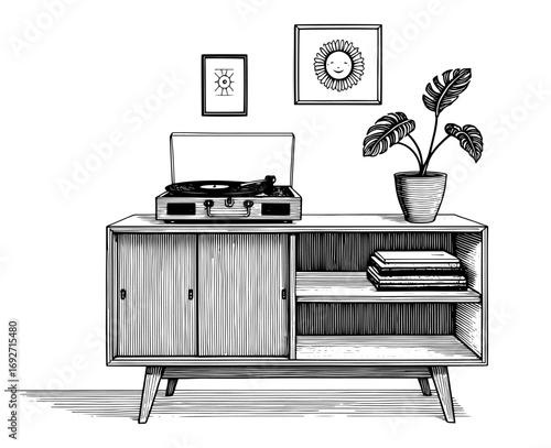 Mid-century modern sideboard with record player in a wood engraving style, vintage audio