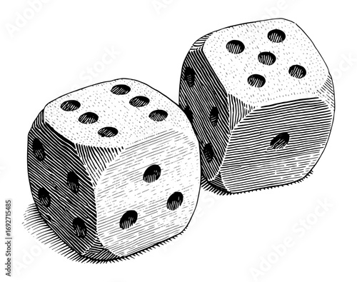 Engraving style illustration of two dice in black and white
