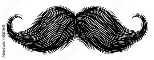 A large, curly handlebar mustache in a black and white illustrated style