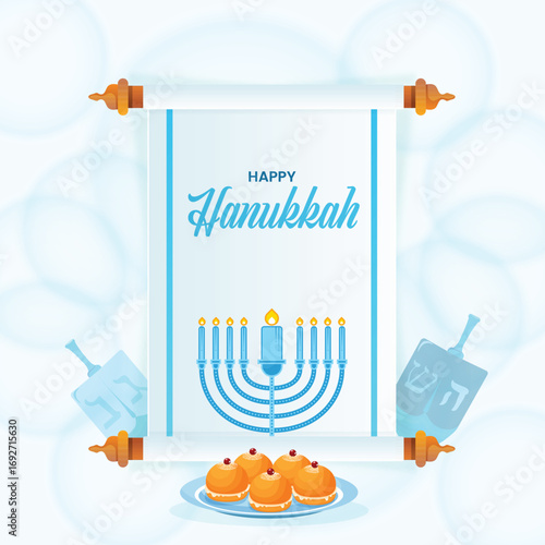 A delightful Hanukkah illustration featuring a central scroll with a "Happy Hanukkah" message, a glowing menorah, traditional sufganiyot and subtly placed dreidels.