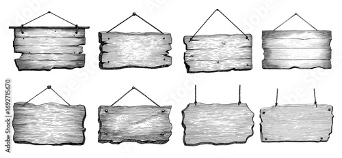 Collection of hanging wooden signs in a rustic hand-drawn style in black and white