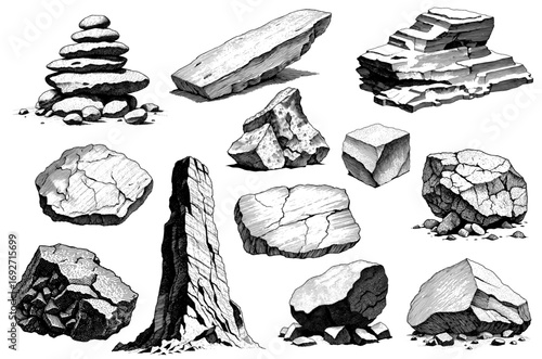 Collection of rock and boulder illustrations in an antique engraving style in black and white