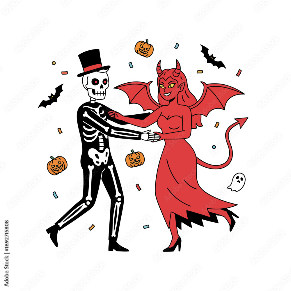Fototapeta premium A skeleton and a devil dancing together at a Halloween party, surrounded by festive decorations.
