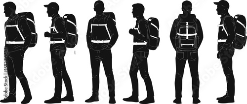 Silhouette of man wearing backpack, different standing poses, hiking, travel, outdoor adventure, explorer, casual outfit, active lifestyle, journey, trekking