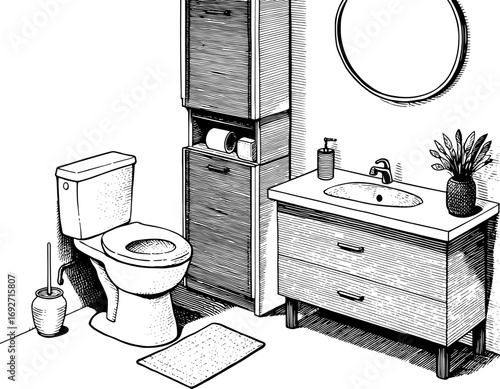 Minimalist woodcut style bathroom interior in black and white