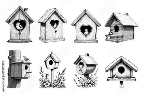 Collection of birdhouse designs in a black and white woodcut illustration style