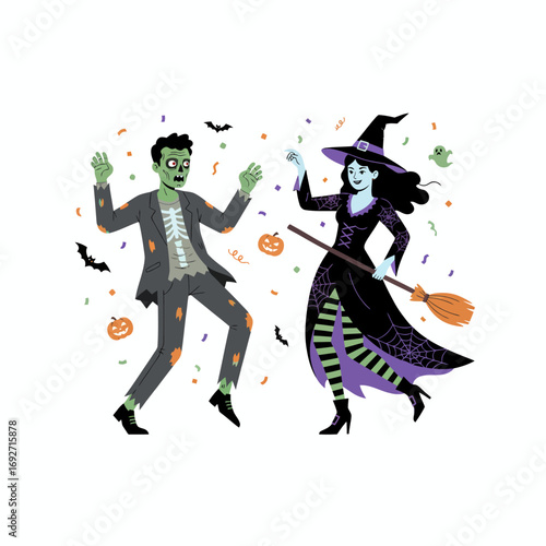 A zombie and a witch are dancing joyfully amidst Halloween decorations.