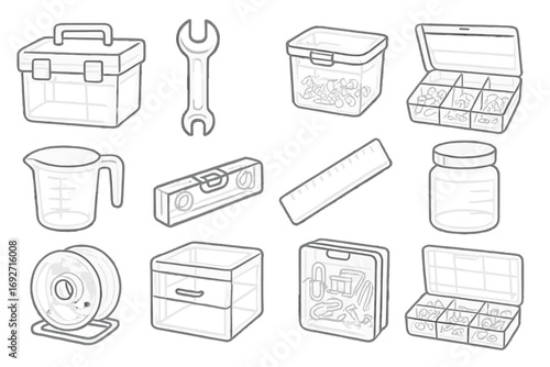 Transparent Tool Icons. Line style icons of transparent tools: transparent toolbox, transparent wrench, transparent screw