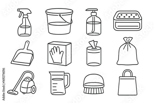 Transparent Cleaning Icons. Line style icons of transparent cleaning items: transparent spray bottle, transparent bucket,