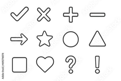Opaque Line Icons. Line style icons of opaque symbols: opaque checkmark, opaque cross, opaque plus, opaque minus; opaque arrow,