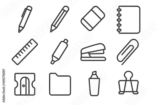 Matte Stationery Icons. Line style icons of matte stationery: matte pen, matte pencil, matte eraser, matte notebook; matte ruler,