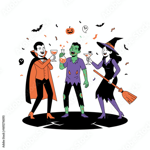 A vampire, zombie, and witch joyfully celebrate Halloween together, raising glasses in a festive toast amidst confetti and spooky decorations.