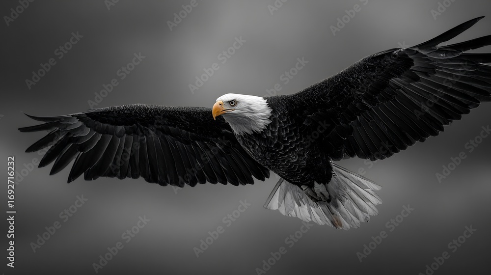 Obraz premium Hyper realistic shot of bald eagle soaring with wings spread wide selective color emphasizing golden beak against black and white sky low angle wildlife photography