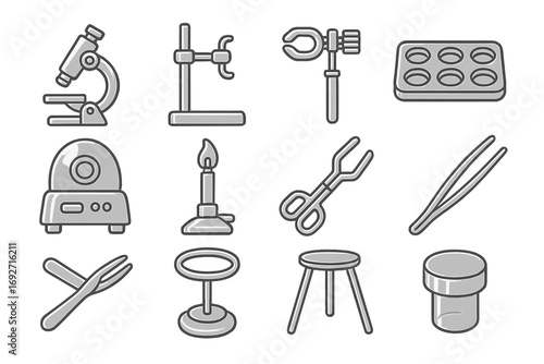 Metallic Scientific Instruments. Line style icons of metallic scientific instruments: metallic microscope, metallic lab stand,