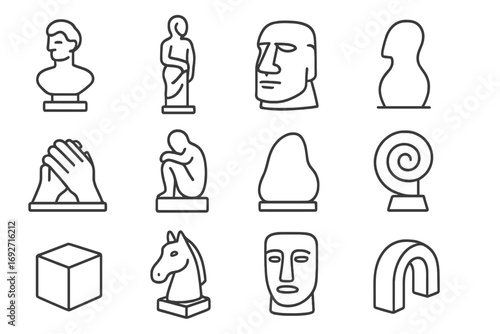 Stone Sculpture Icons. Line style icons of stone sculptures: stone bust, stone full figure, stone head, stone abstract form; stone