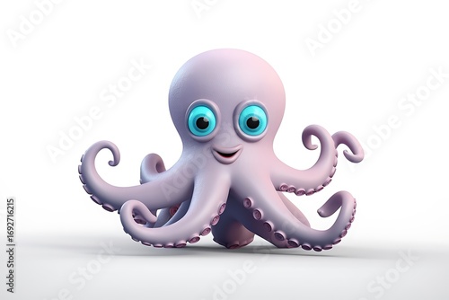 Cartoon octopus with big eyes and a cheerful expression, playfully positioned on a clean background