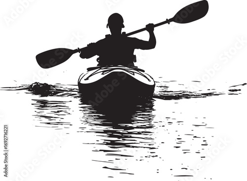 Kayak Turning Person guiding the paddle for a kayak turn. Complete silhouette in black vector illustration.