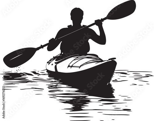 Kayak Turning Person sweeping paddle to turn the kayak. full length silhouette black vector illustration