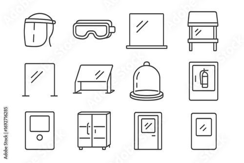 Glass Safety Icons. Line style icons of glass safety items: glass face shield, glass protective goggles, glass partition, glass