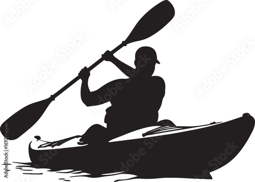 High Angle Stroke Individual paddling with the paddle raised for powerful strokes. Full silhouette in black vector design.