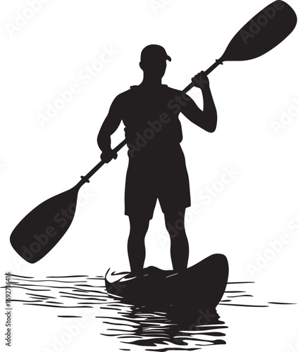 High Angle Stroke Person using a high paddle position for strong, effective strokes. Complete silhouette in black vector illustration.