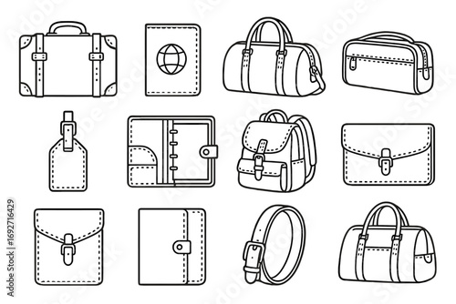 Leather Travel Icons. Line style icons of leather travel items: leather suitcase, leather passport cover, leather duffel bag,