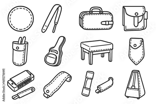 Leather Musical Accessories Icons. Line style icons of leather musical items: leather drum pad, leather guitar strap, leather