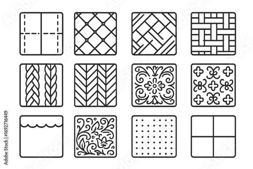 Leather Pattern Icons. Line style icons of leather patterns: stitched leather, quilted leather, diamond pattern leather, basket