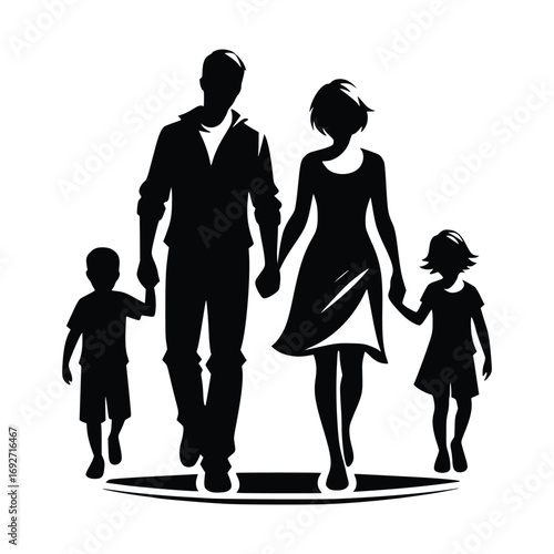 Black silhouette of a family walking together parents