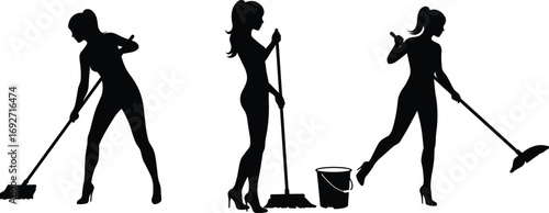 Silhouette of woman cleaning with mop, broom, bucket, home cleaning, housework, janitor, sweeping, mopping, chore, domestic work, high heels.