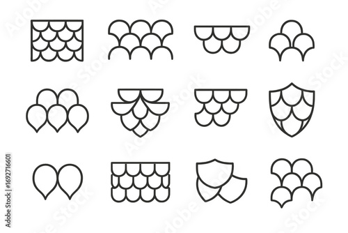 Scale Line Icons. Line style icons of overlapping scales: tightly packed scale, loosely layered scale, edge scale, central row