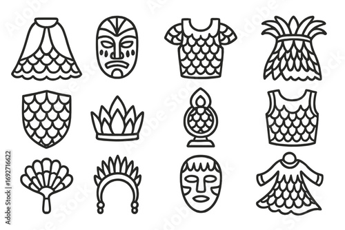 Ritual Scale Icons. Line style icons of ritual and cultural scales: ceremonial scale cloak, tribal scale mask, ornamental scale