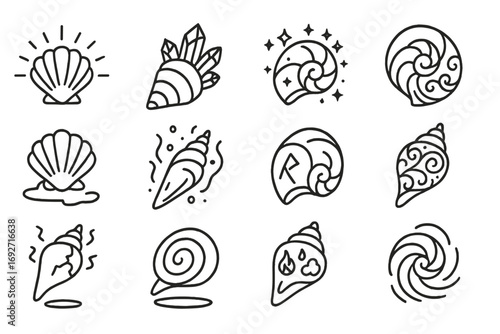 Fantasy Shell Icons. Line style icons of fantasy shells: glowing shell, crystal shell, magical spiral shell, enchanted nautilus;