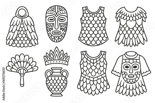 Ritual Scale Icons. Line style icons of ritual and cultural scales: ceremonial scale cloak, tribal scale mask, ornamental scale